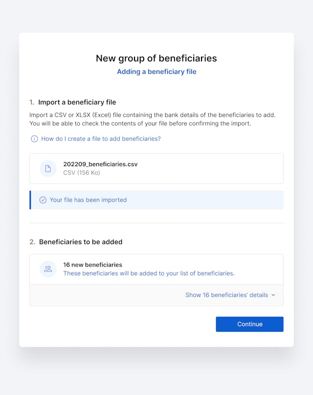 Interface showing an ongoing grouped beneficiaries import using a CSV file.
